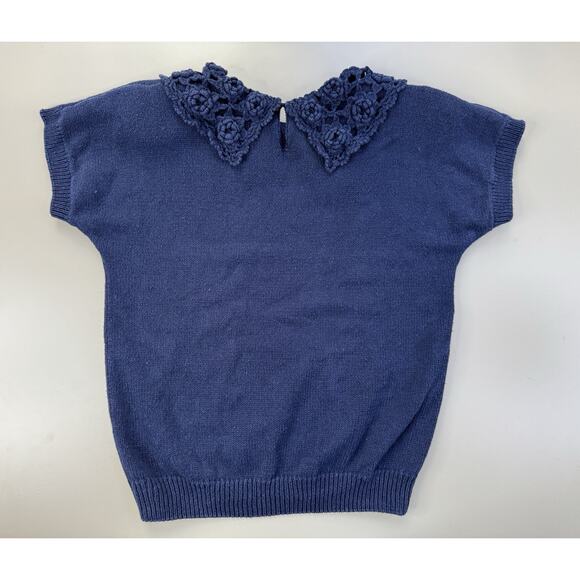 VTG Crochet Collar Short Sleeve Sweater Womens M Navy Blue Preppy GrannyCore - Picture 11 of 14